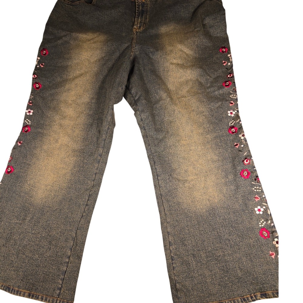 Vintage Floral Embroidered Wide Leg Jeans Sandblasted Dark Wash Denim 20W - Picture 2 of 11